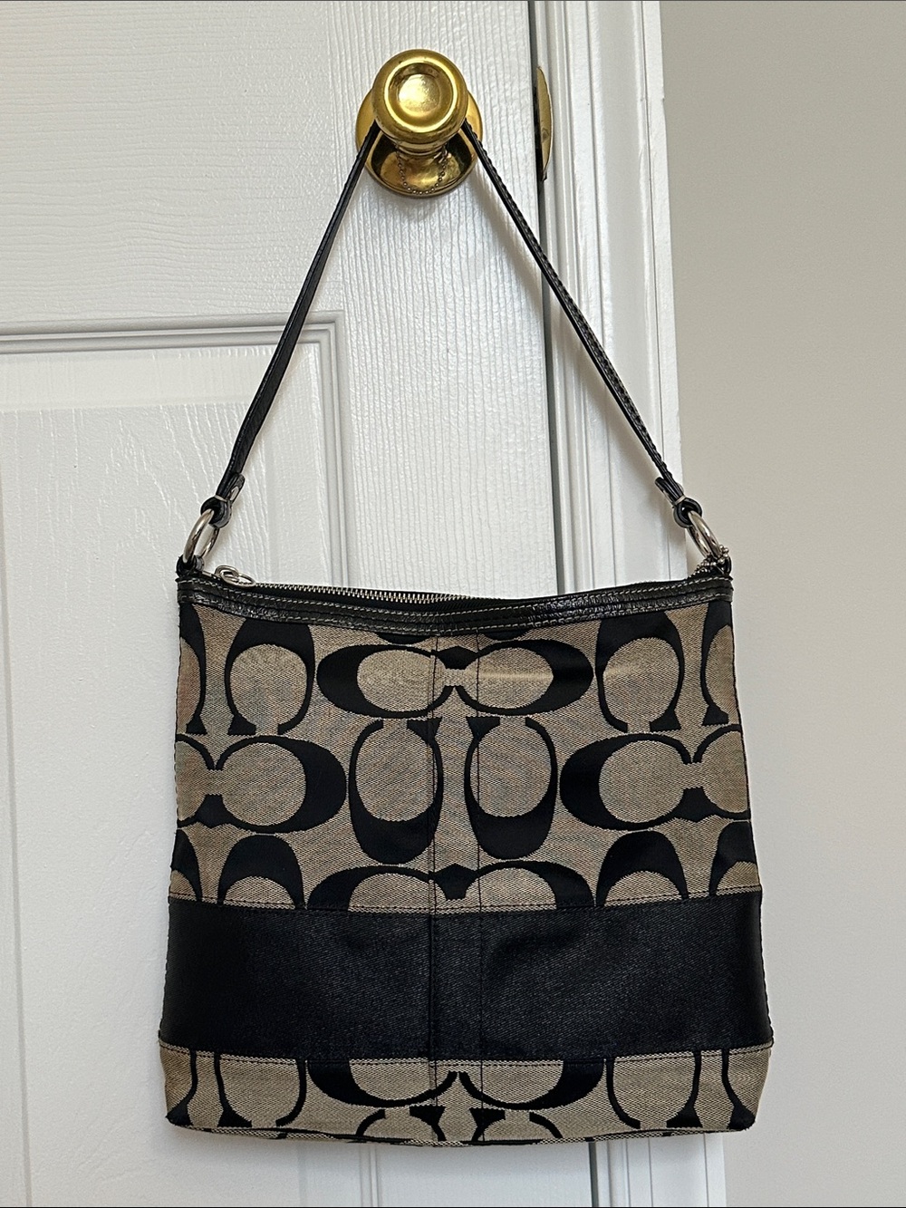 Coach Signature Jacquard Canvas Vintage Shoulder Bag F13674 Black Gray
